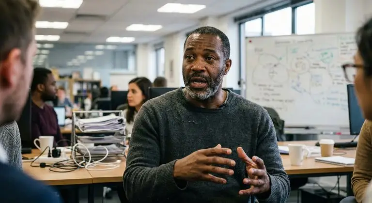 man in office speaking to employees about how to choose a coach