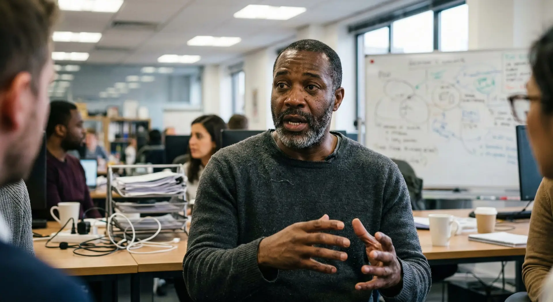 man in office speaking to employees about how to choose a coach