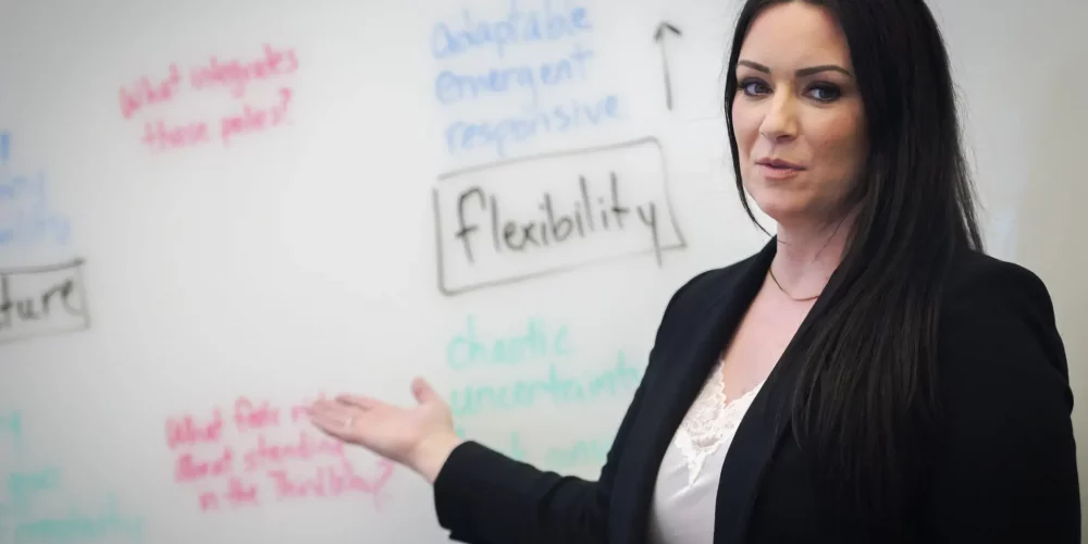 executive coach presenting in front of a white board