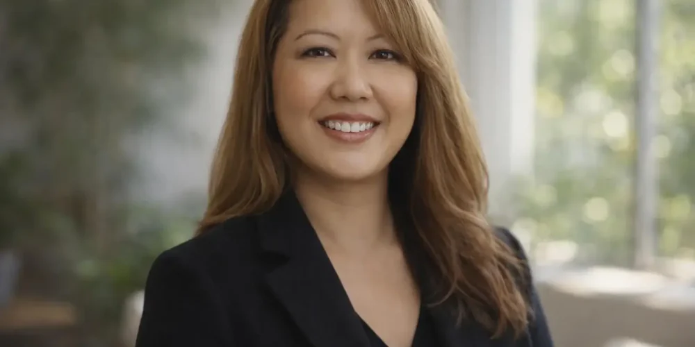 Jacqueline smiles at the camera wearing a black blouse and blazer.