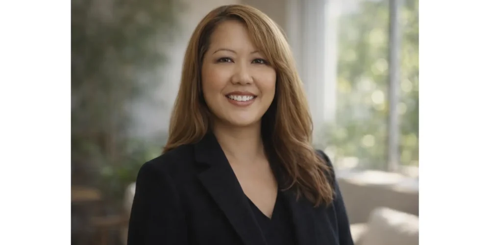 Jacqueline stands facing the camera smiling. She has chest-length light brown hair and wears a v-neck black blouse.