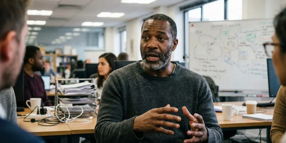 man in office speaking to employees about how to choose a coach